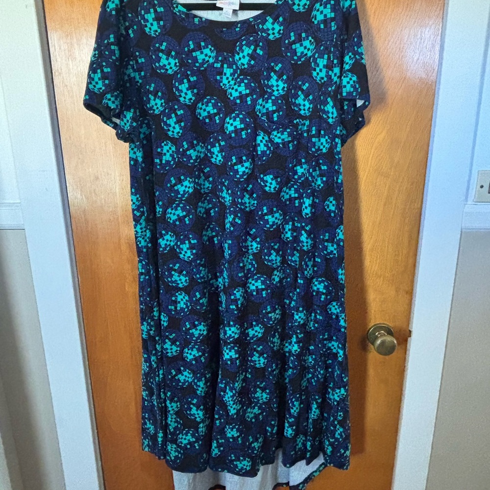 LuLaRoe Carly Swing Dress XL black, blue, turquoise DISCO BALLS! Like Leggings